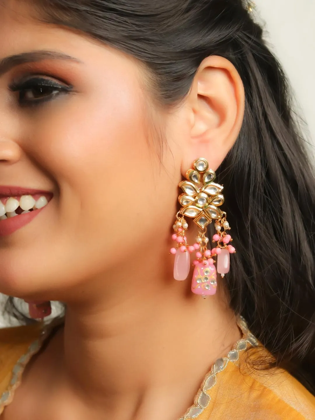 Kundan Precious Stone Earrings Pink