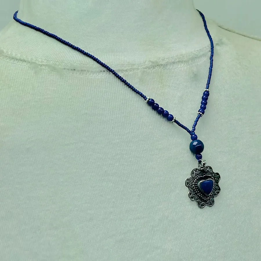 Lapis Beaded Necklace with Silver Heart Pendant