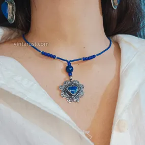 Lapis Beaded Necklace with Silver Heart Pendant