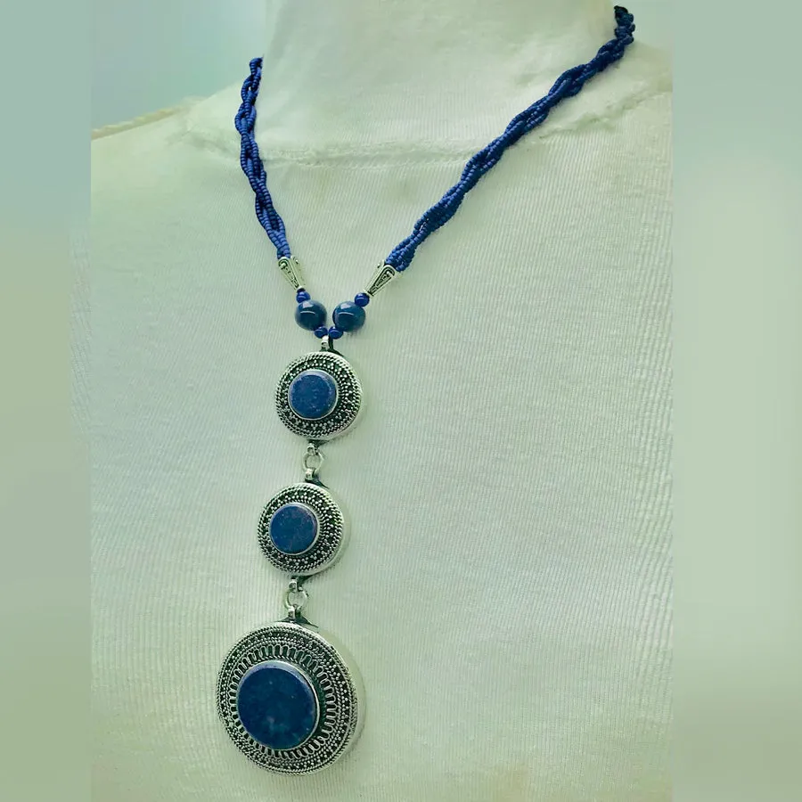 Lapis Blue Stone Silver Pendant Necklace