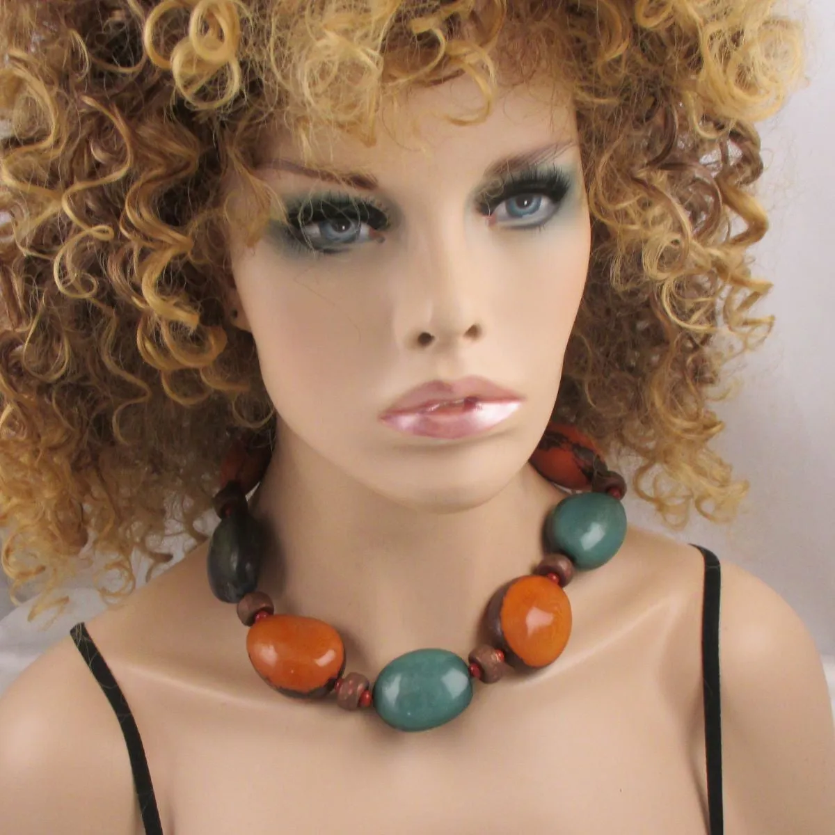 Large Pumpkin and Turquoise Tagua Nut Bead  Statement Necklace