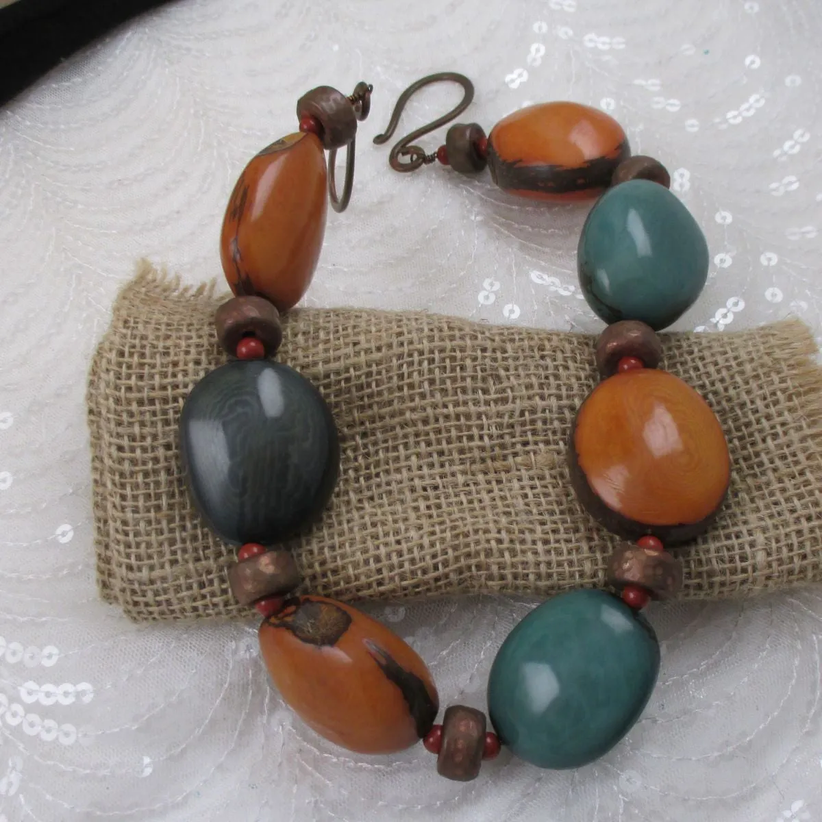 Large Pumpkin and Turquoise Tagua Nut Bead  Statement Necklace