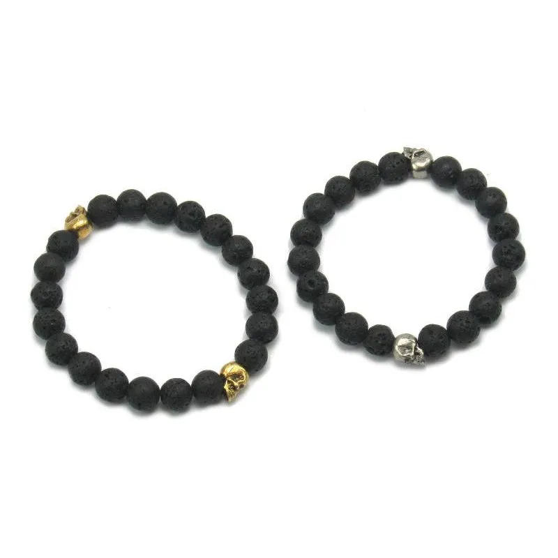 Lava Stone Stretch Bracelet with Metal Skull Beads