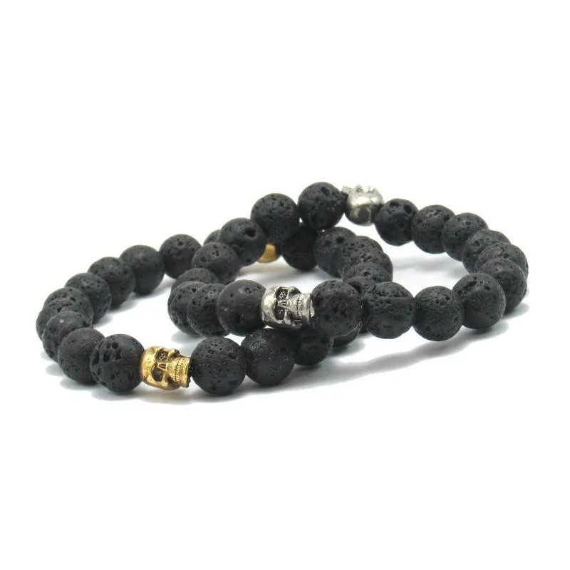 Lava Stone Stretch Bracelet with Metal Skull Beads