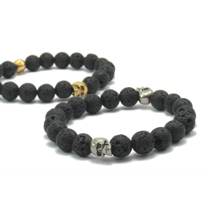 Lava Stone Stretch Bracelet with Metal Skull Beads