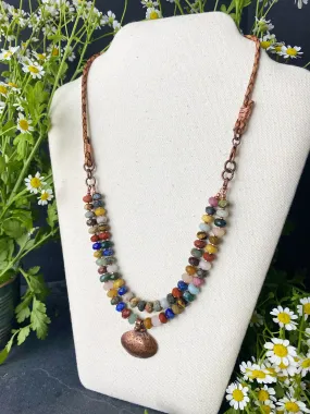 Layers. mixed gemstones, leather, copper metal, necklace, jewelry