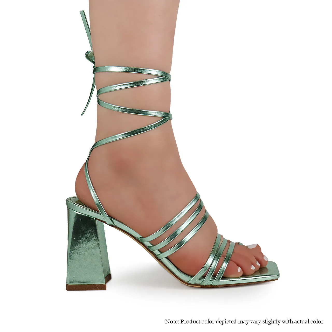 LEANA-12 TOE RING STRAP TIE UP CHUNKY HEEL SANDAL - METALLIC MINT