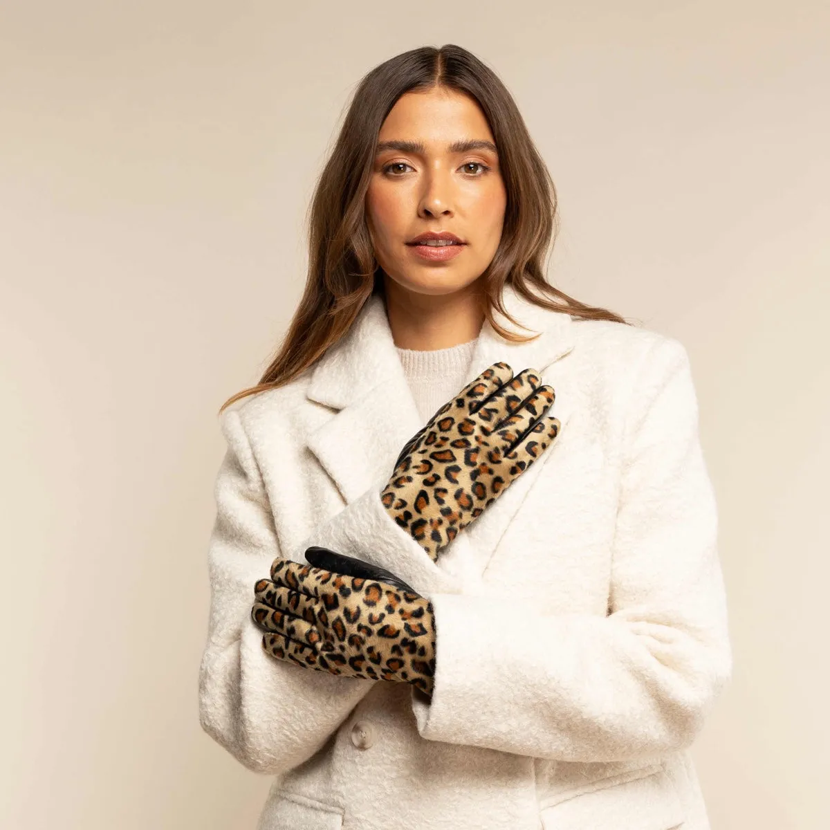 Leopard - sheep leather gloves with warm fleece lining & touchscreen feature