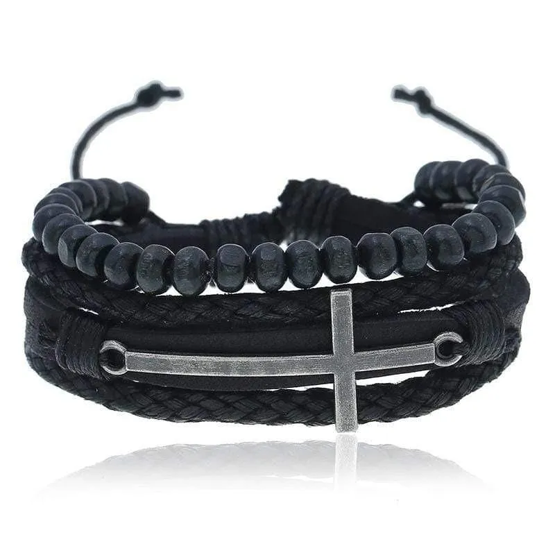 Men's Cross Bracelet <br> Beads and Leather