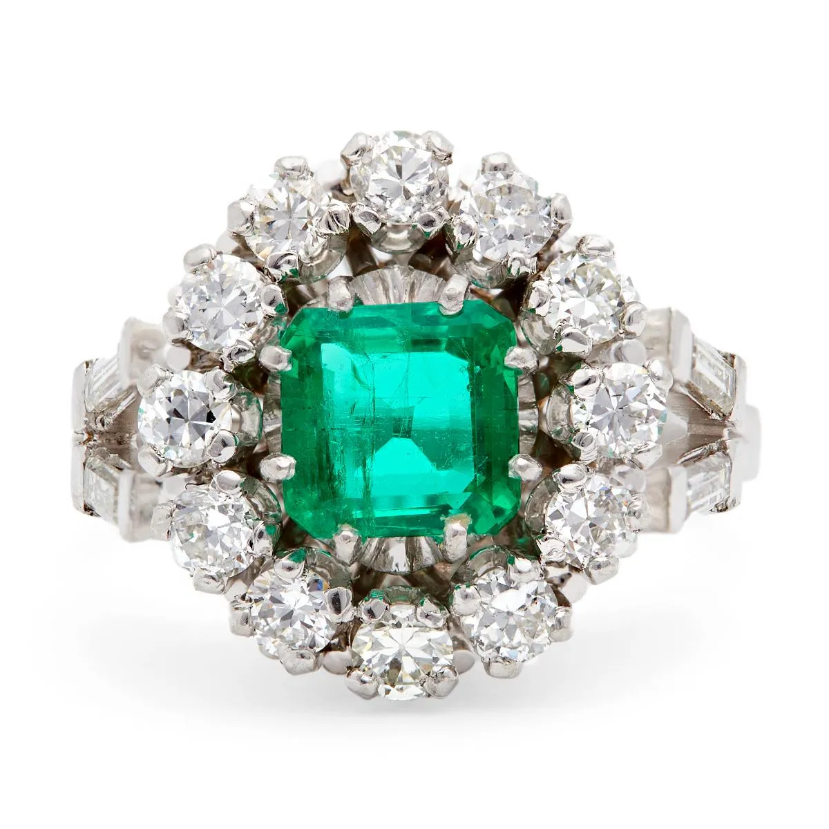 Mid Century French GIA Colombian Emerald and Diamond 18k White Gold Cluster Ring