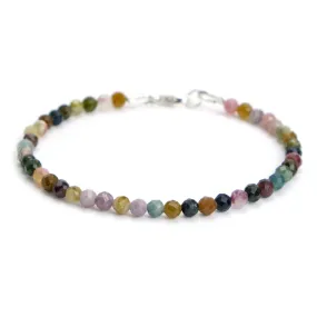 Multi Colored Tourmaline 4mm Faceted Round Bracelet with Sterling Silver Lobster Clasp