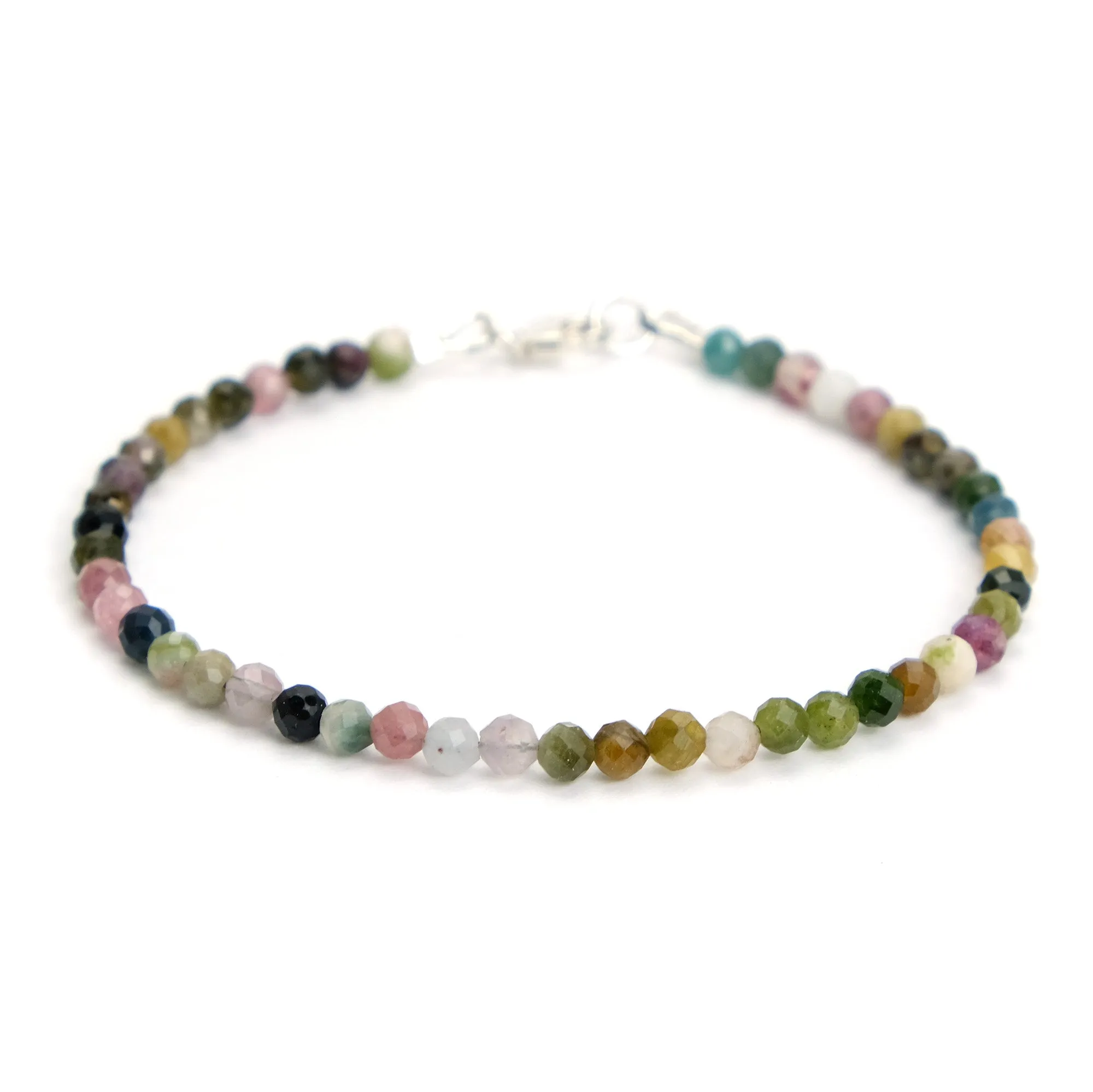 Multi Colored Tourmaline 4mm Faceted Round Bracelet with Sterling Silver Lobster Clasp