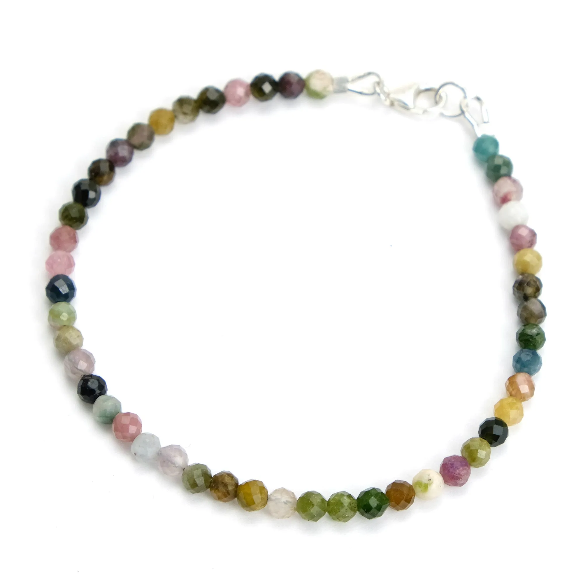 Multi Colored Tourmaline 4mm Faceted Round Bracelet with Sterling Silver Lobster Clasp