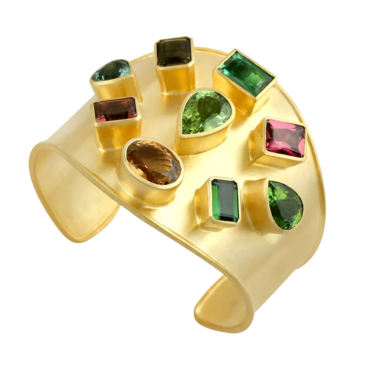 Multicolor Tourmaline Gemstone Beautiful Cuff Bangle In 14K Yellow Gold Wedding Jewelry