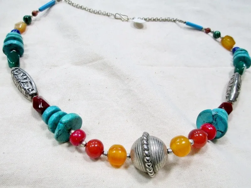 Native TURQUOISE STONE SILVER Bead Necklace Jewelry Southwestern Lapis MULTI