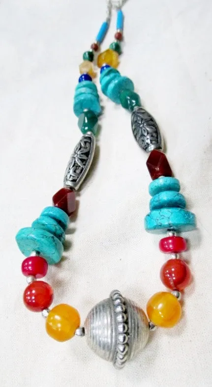 Native TURQUOISE STONE SILVER Bead Necklace Jewelry Southwestern Lapis MULTI