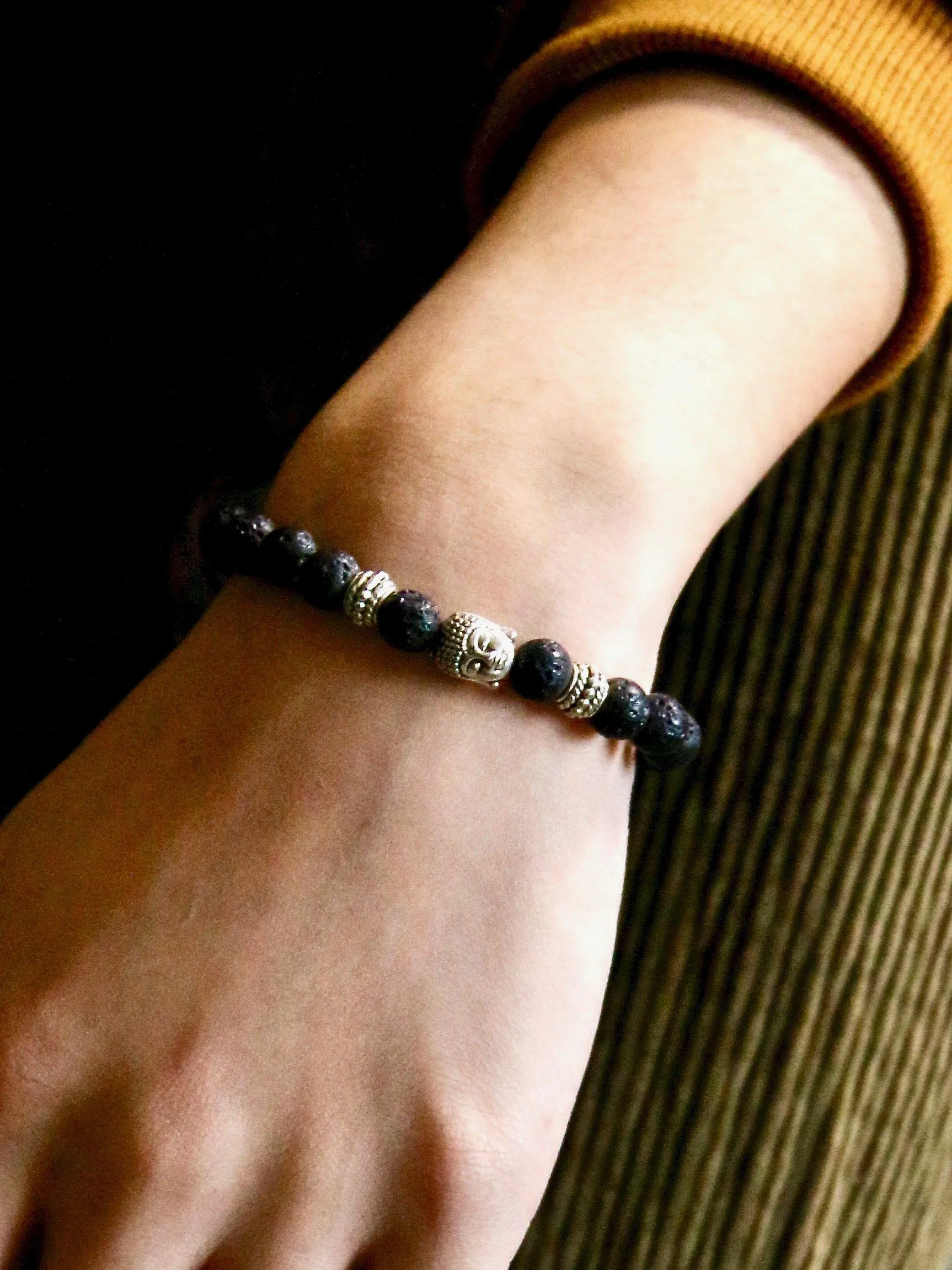 Natural Black Vesuvianite Beads with A Budda Face Bracelet