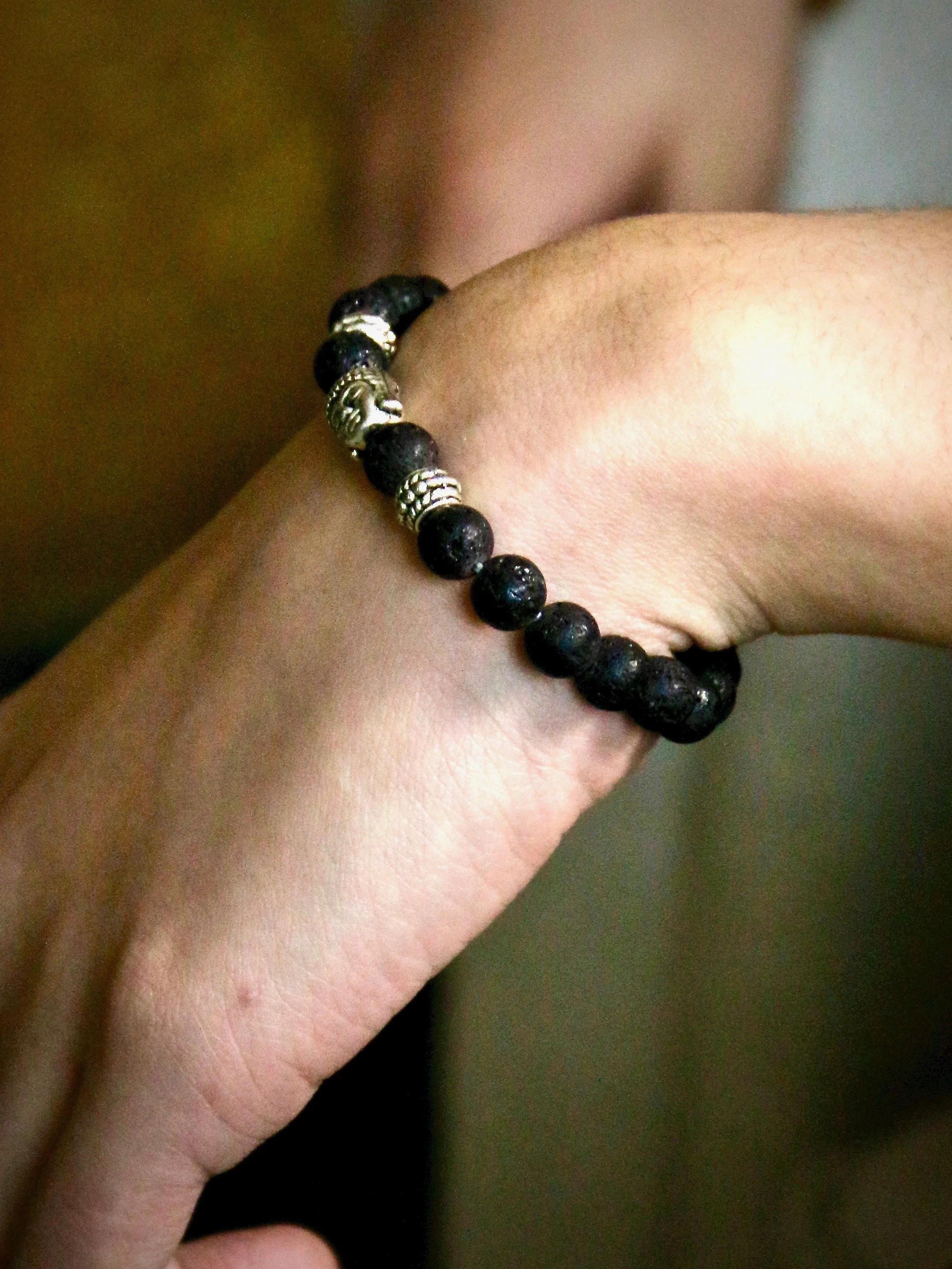 Natural Black Vesuvianite Beads with A Budda Face Bracelet