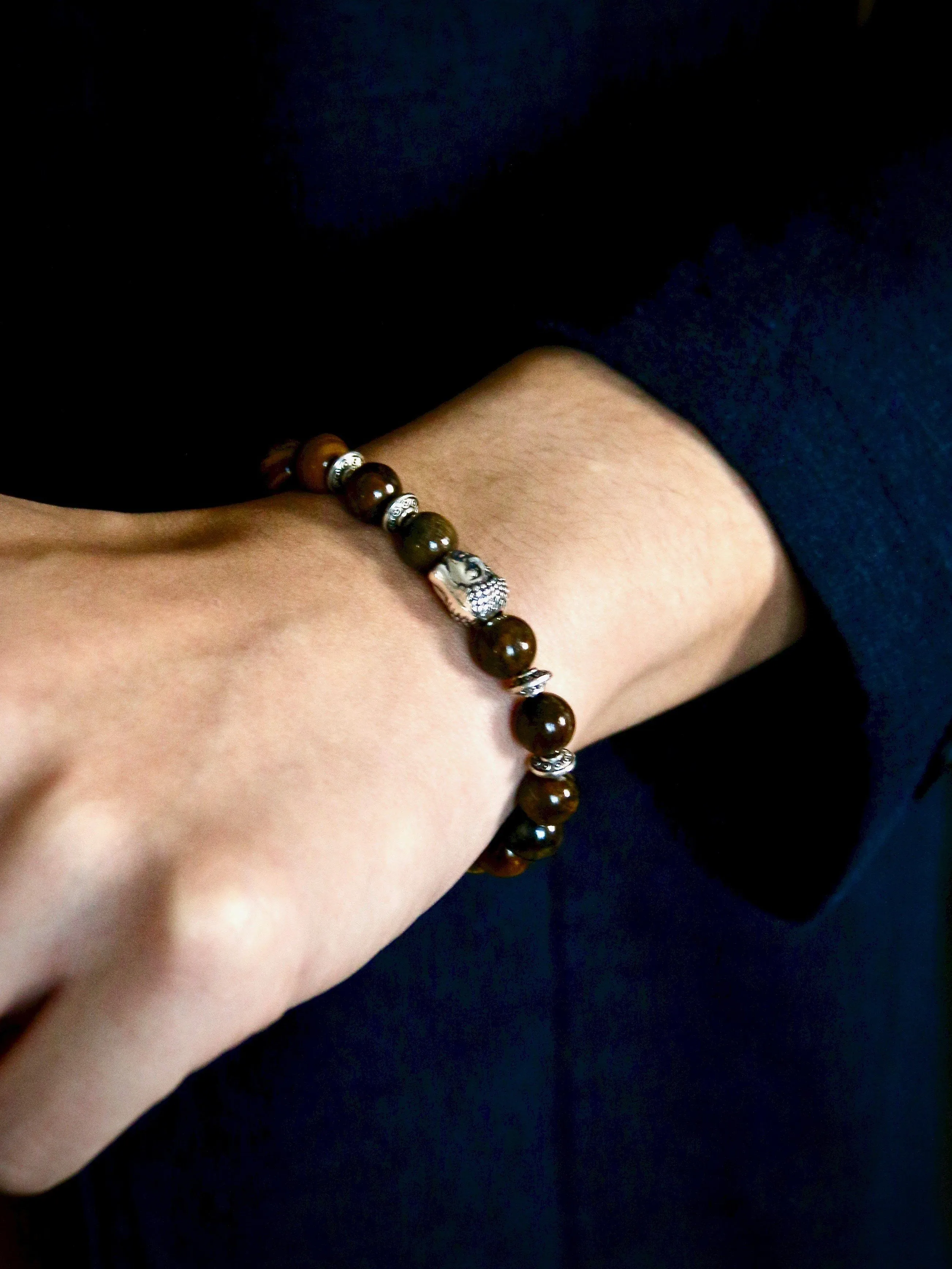 Natural Black Vesuvianite Beads with A Budda Face Bracelet