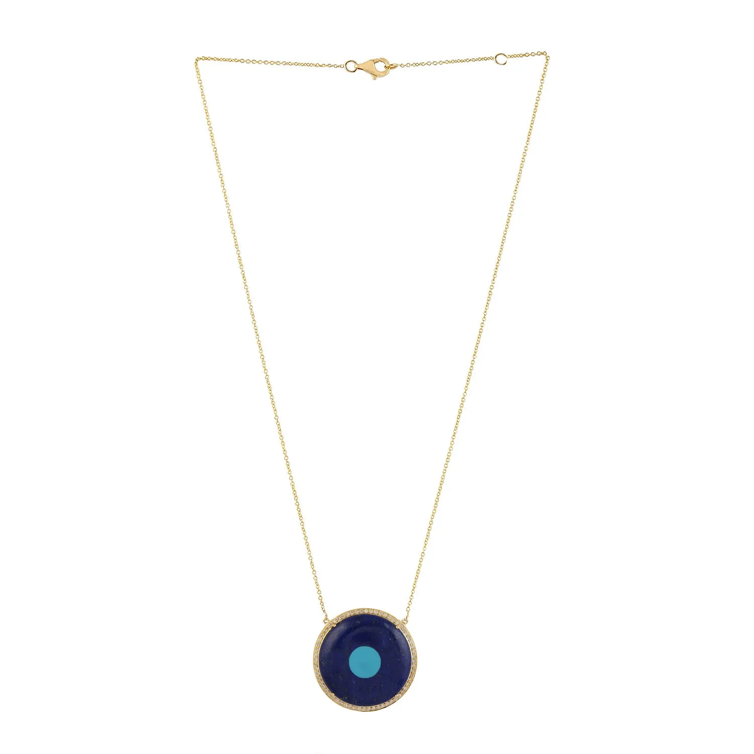 Natural Lapis & Turquoise Pave Diamond Charm Pendant 18k Yellow Gold Chain Necklace