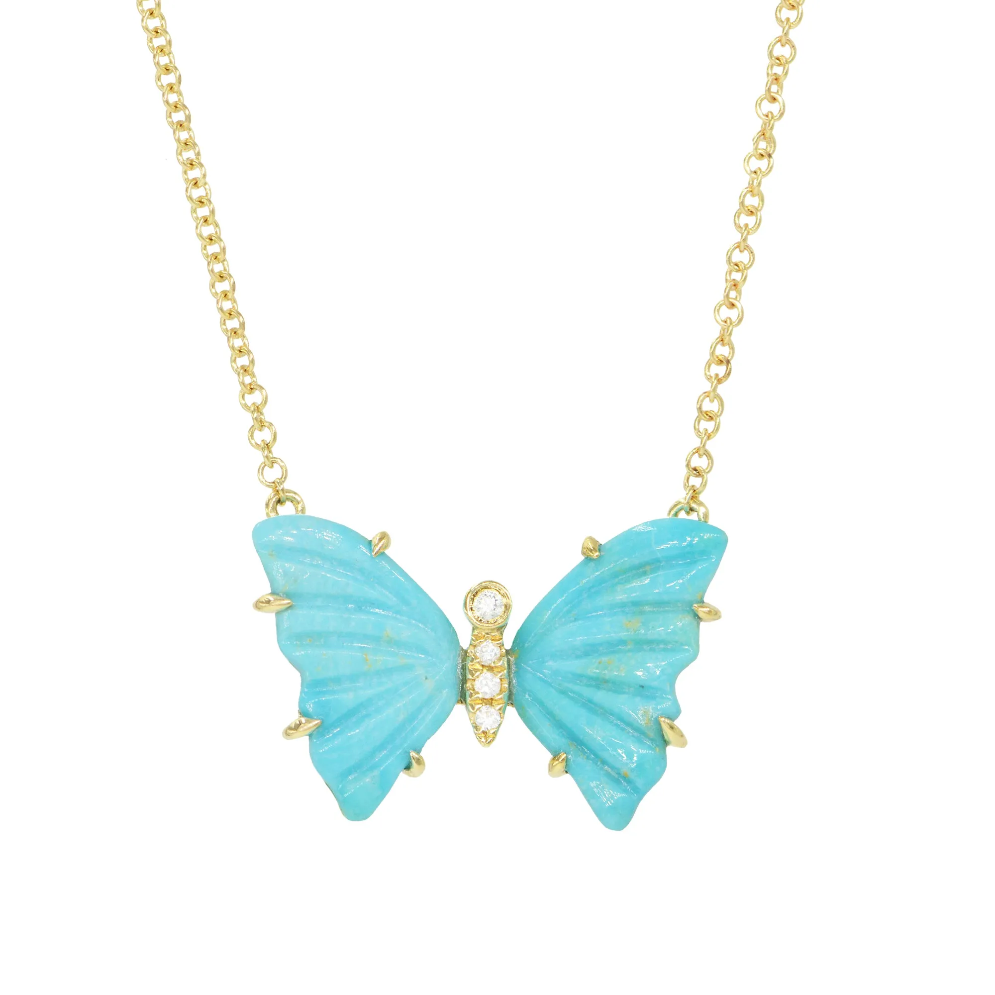 Natural Turquoise Butterfly Necklace with Diamonds and Prongs