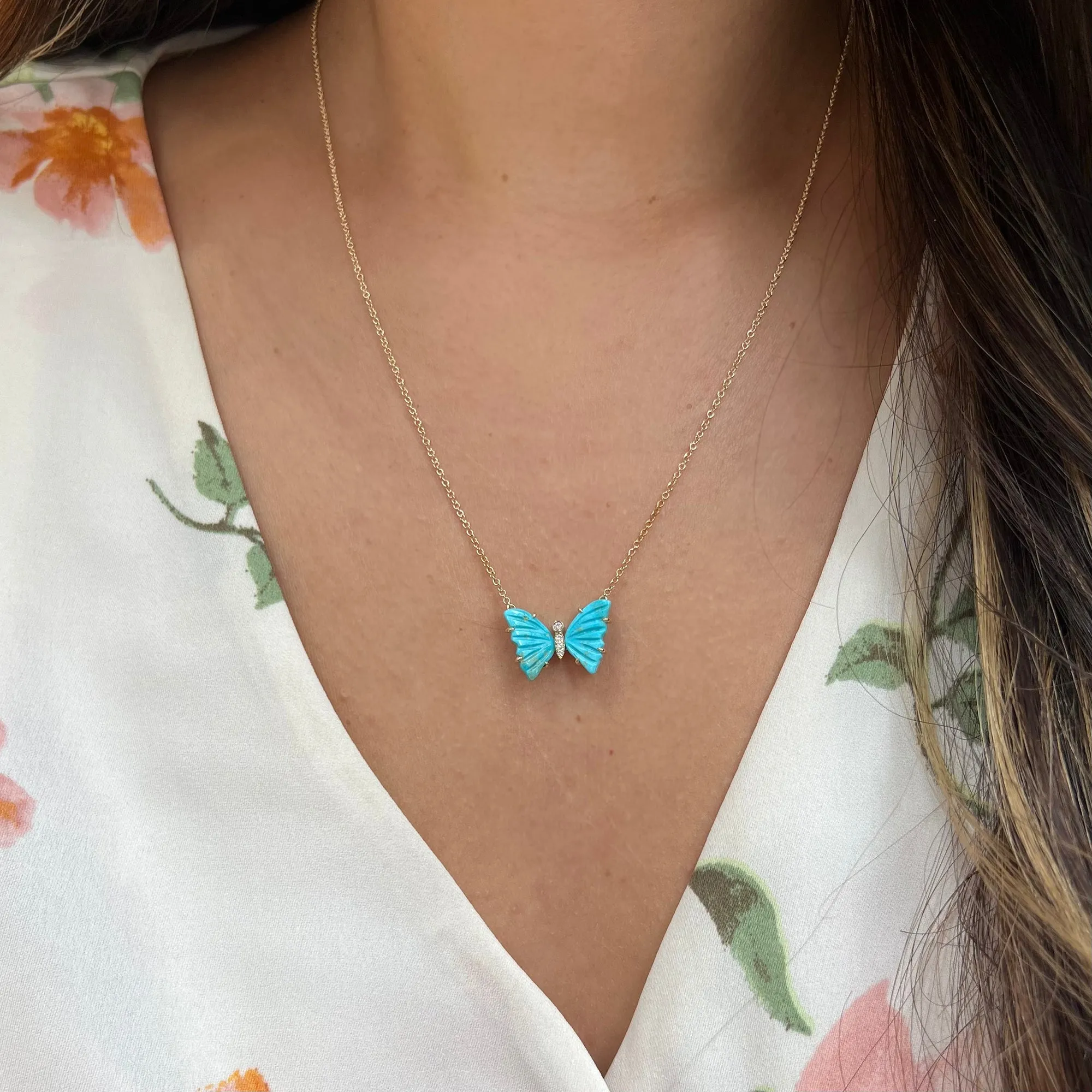 Natural Turquoise Butterfly Necklace with Diamonds and Prongs