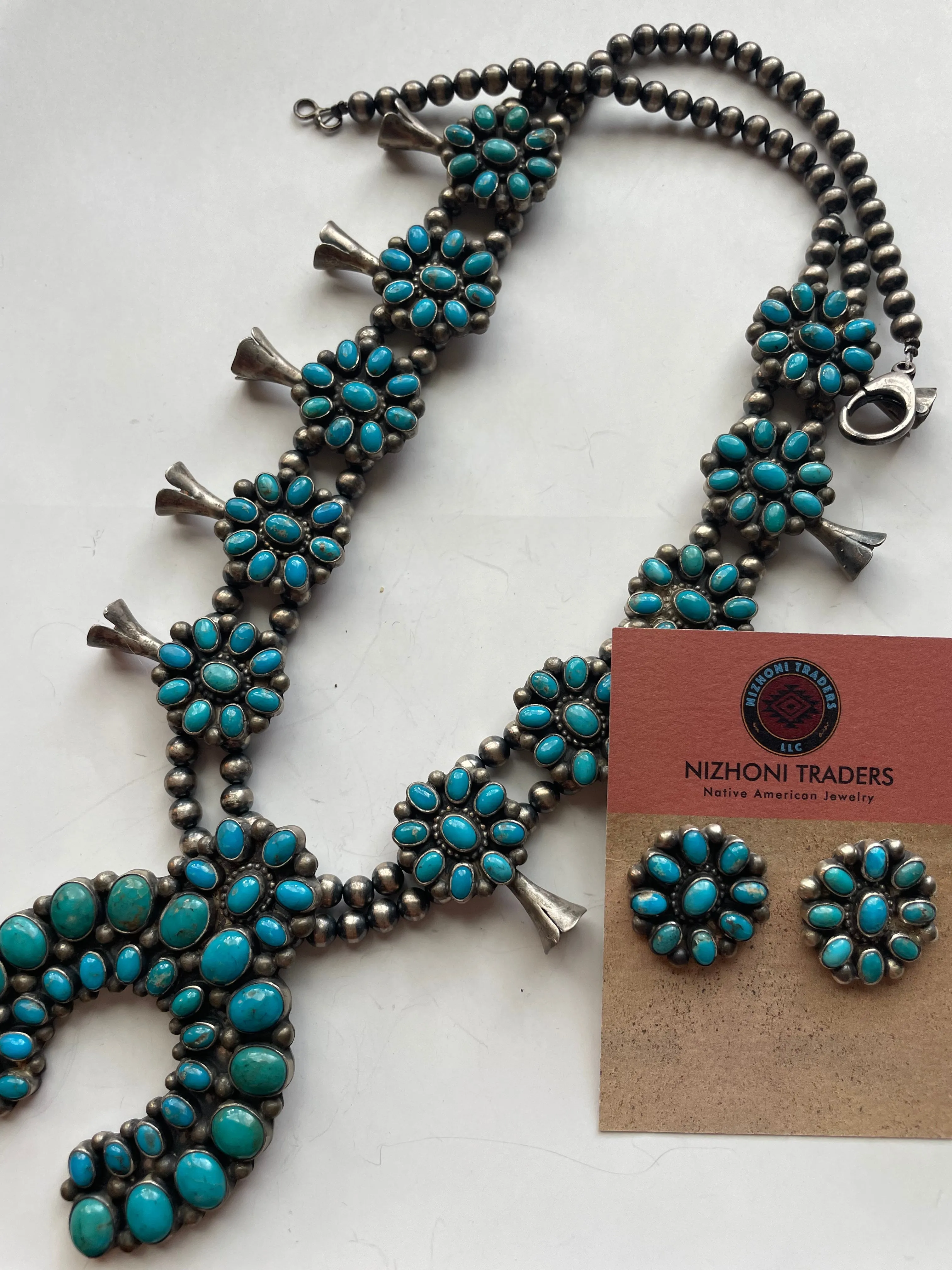 Navajo Royston Turquoise & Sterling Squash Blossom Set Signed