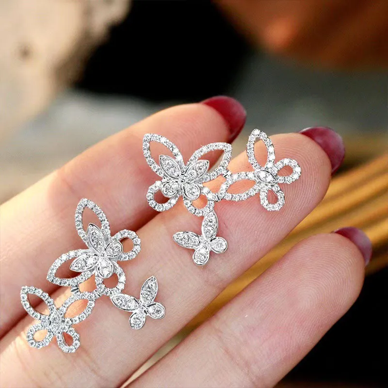 New Fashion Trilogy Butterfly Stud Earrings with Brilliant Cubic Zirconia Luxury