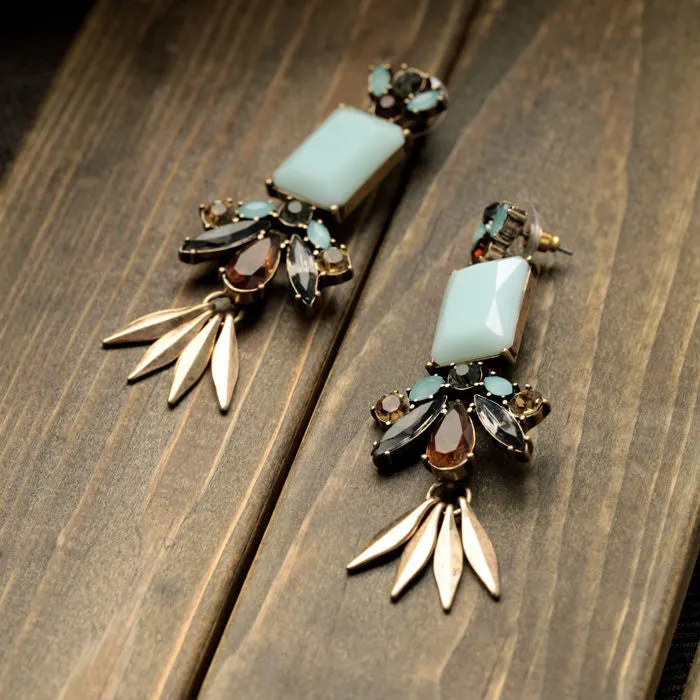 New Style Dress Match Hot Sale Resin Zinc Alloy Leaf Light Blue Moonstone Women Elegant Earring