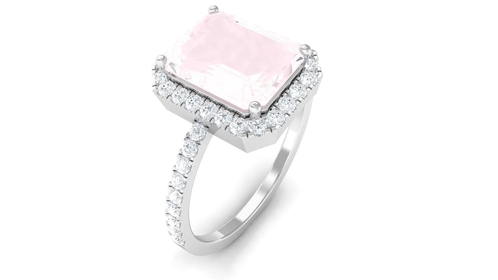 Octagon Cut Rose Quartz Halo Engagement Ring with Diamond