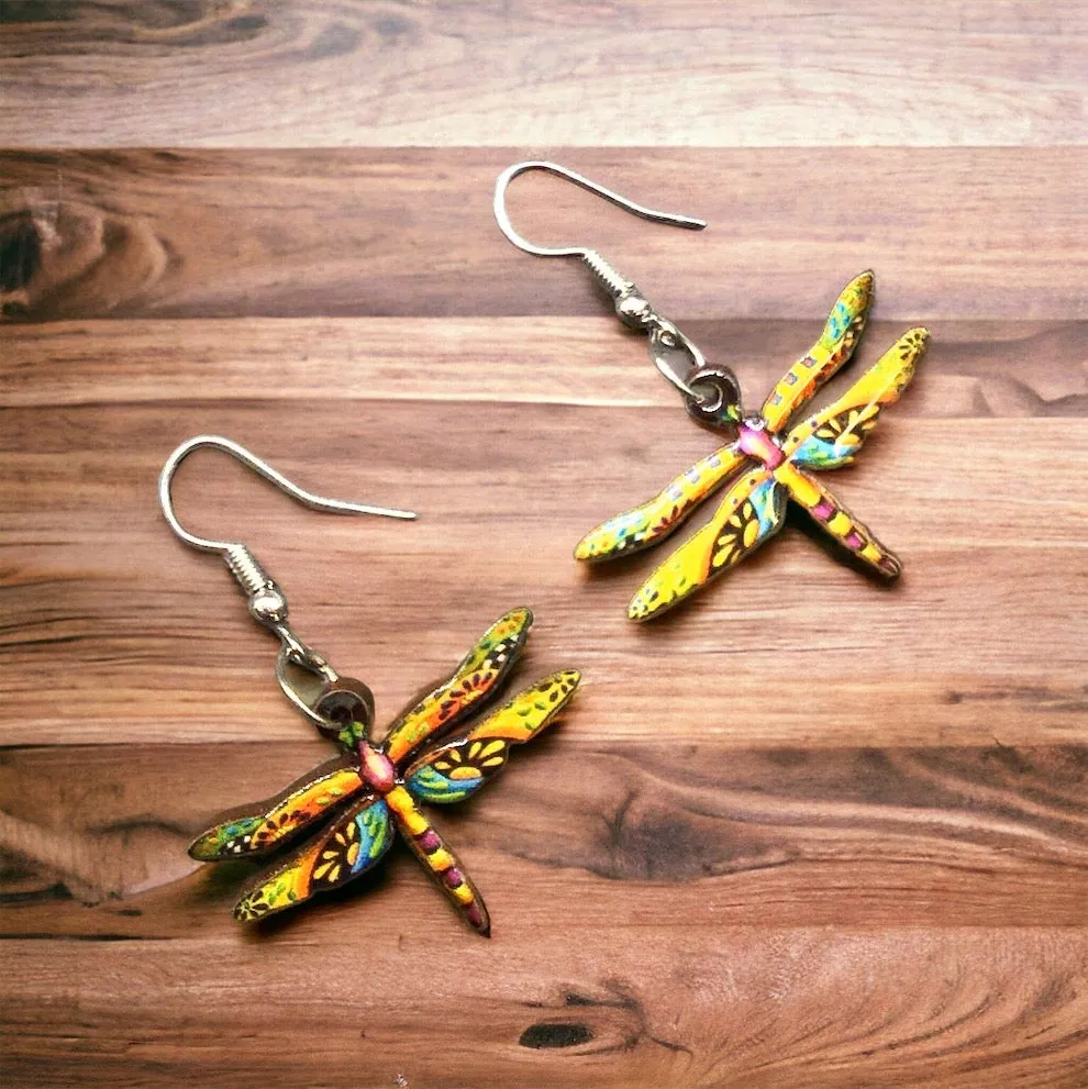 OLDTRIBES™ Painted Yellow and Green Dragonfly Earrings