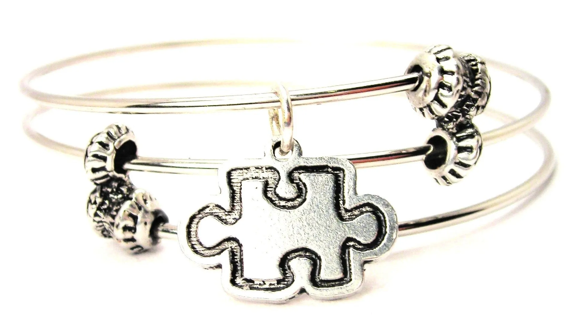 Outlined Style Puzzle Piece Triple Style Expandable Bangle Bracelet