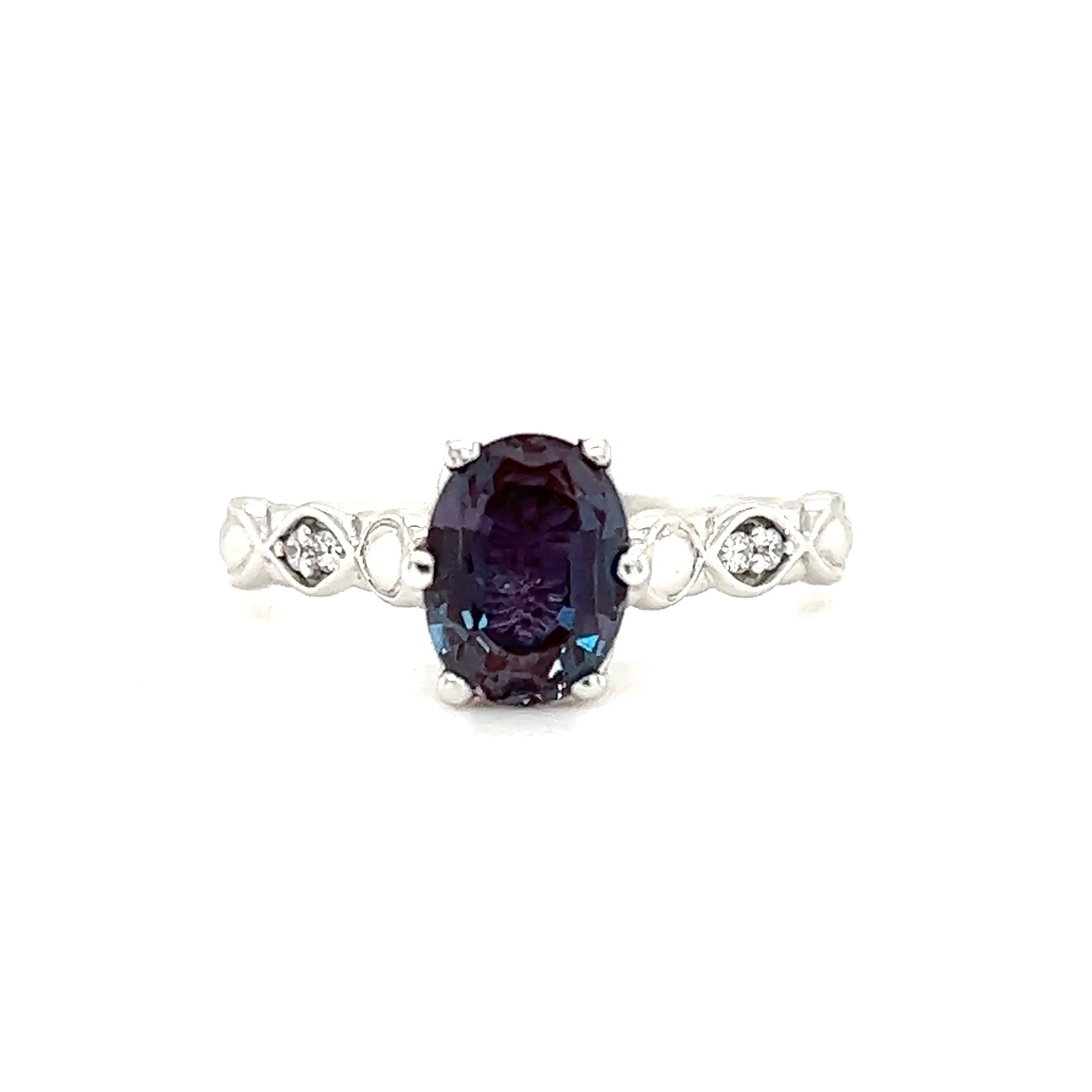 Oval Alexandrite Ring with Four Side Diamonds in 10k White Gold