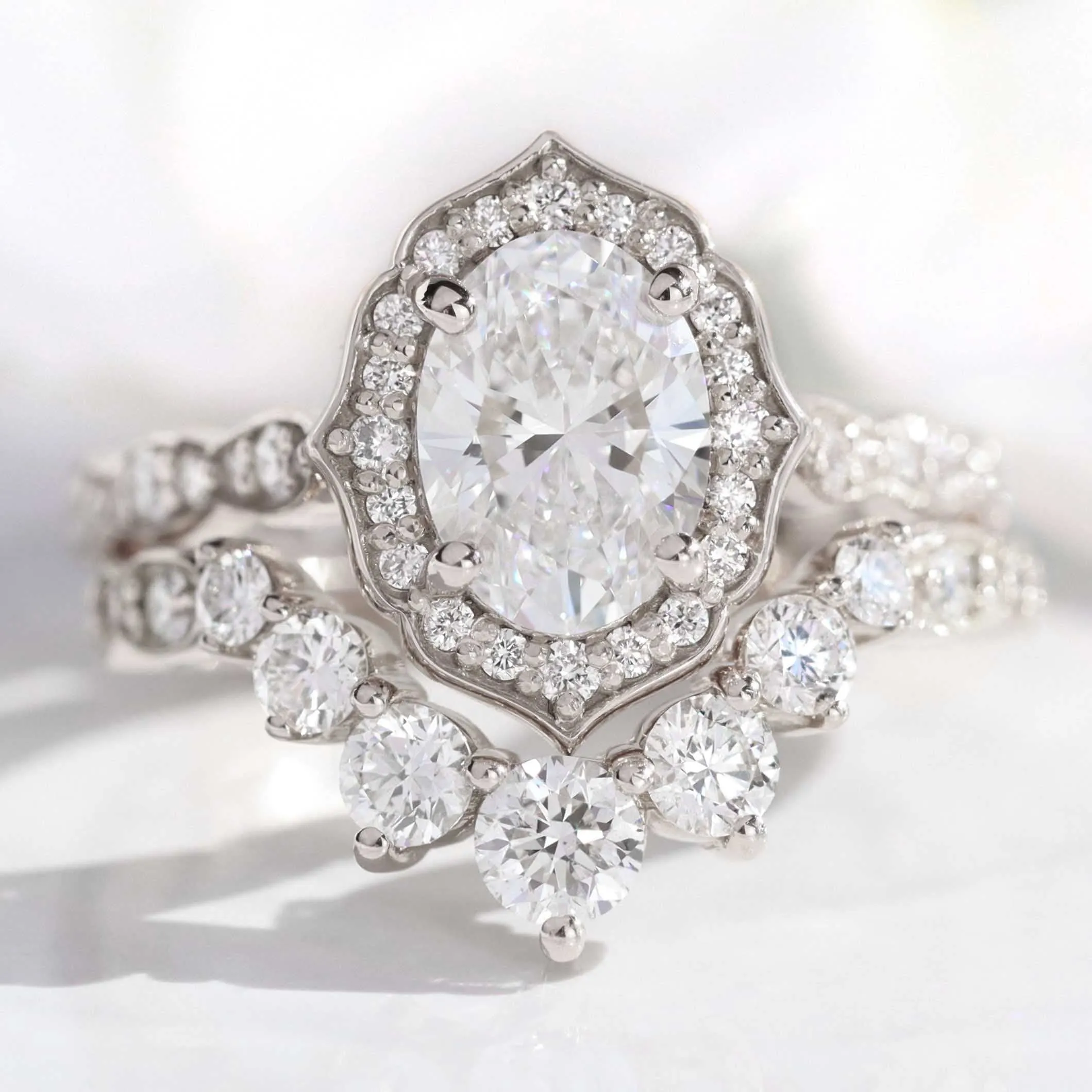 Oval Diamond Vintage Floral Ring Set w/ Lab Diamond and Large 7 Stone Wedding Band