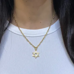 PAPERCLIP CHAIN   PAVE STAR OF DAVID CHARM NECKLACE