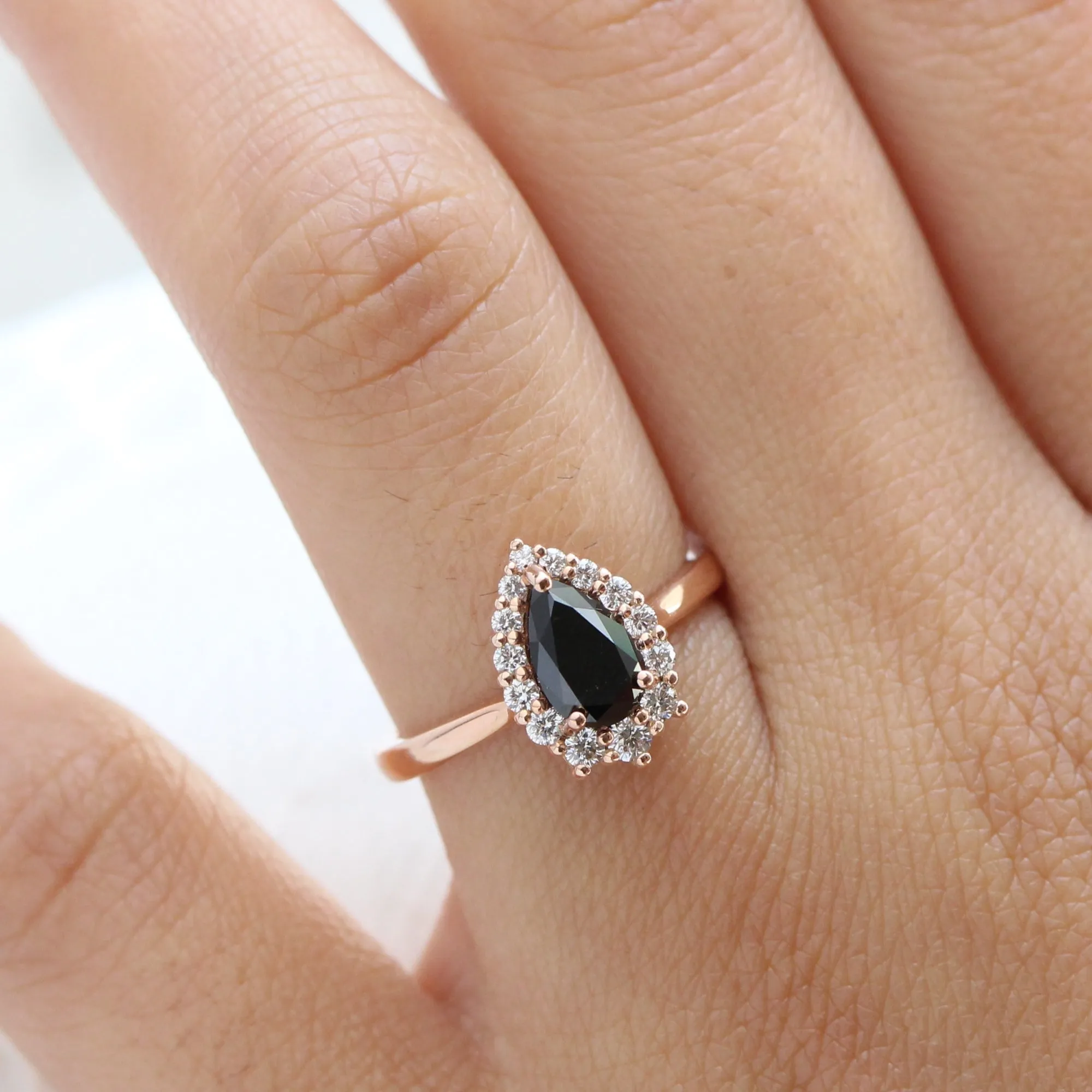 Pear Black Diamond Engagement Ring in Tiara Halo Diamond Tapered Band