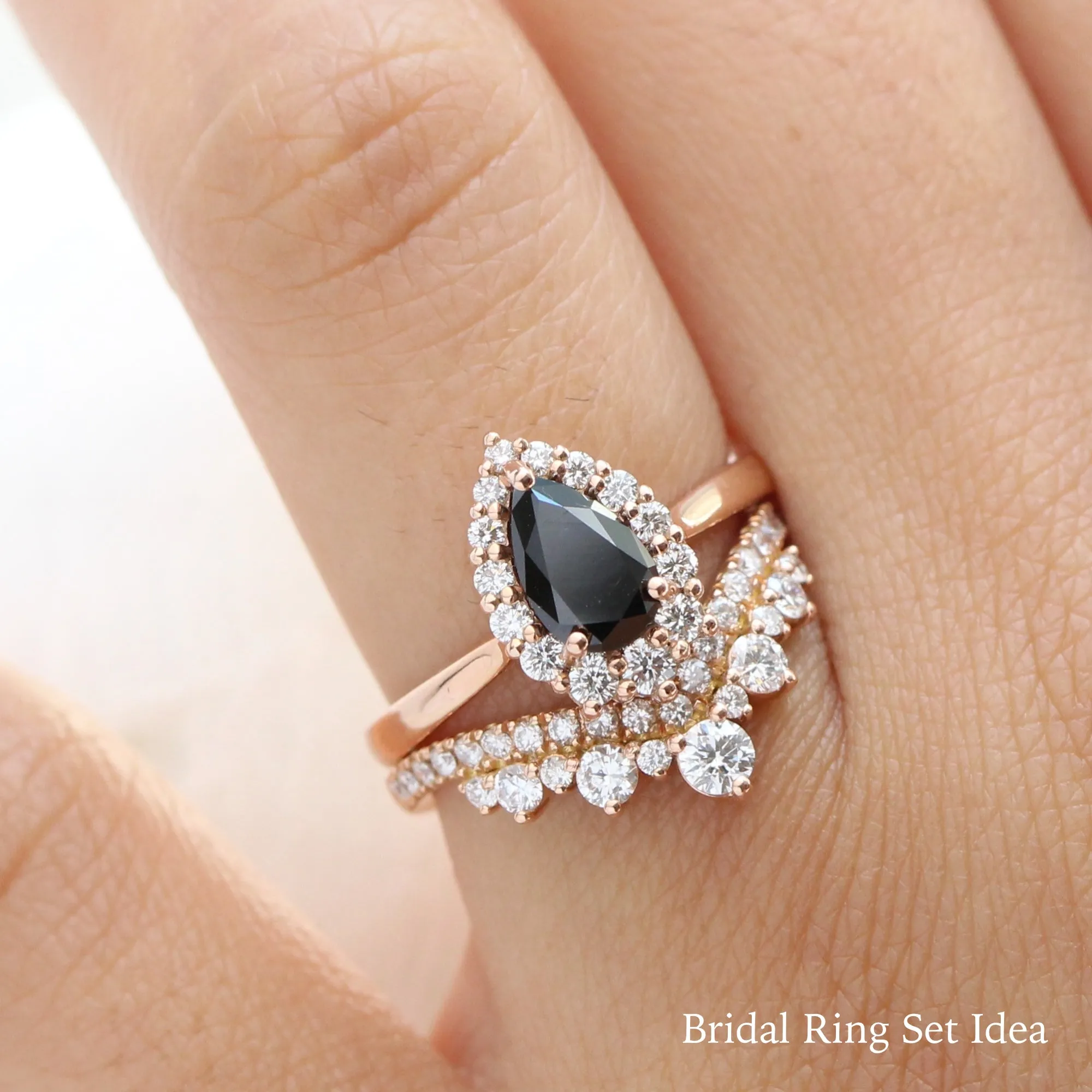 Pear Black Diamond Engagement Ring in Tiara Halo Diamond Tapered Band