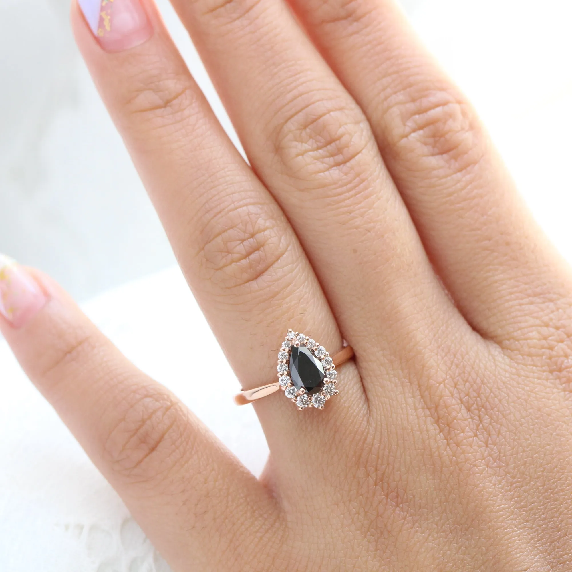 Pear Black Diamond Engagement Ring in Tiara Halo Diamond Tapered Band