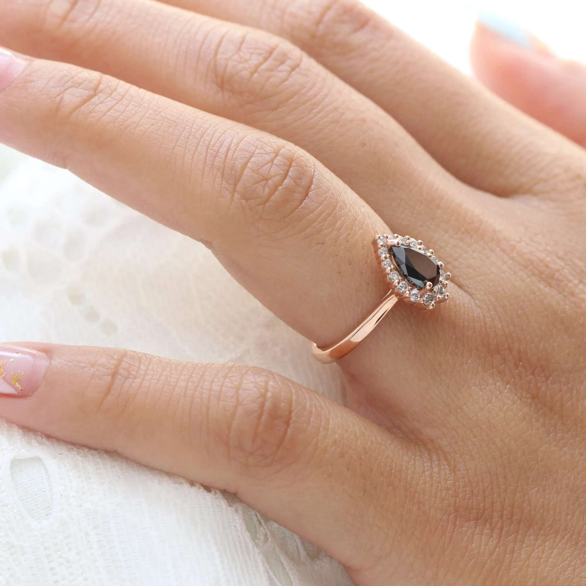 Pear Black Diamond Engagement Ring in Tiara Halo Diamond Tapered Band