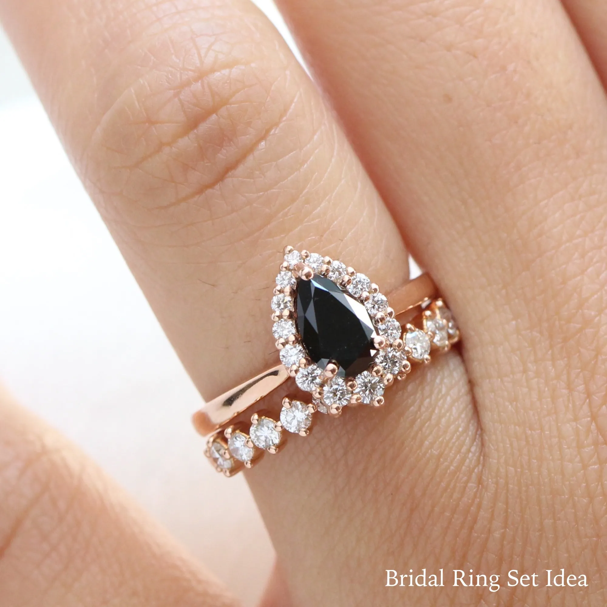 Pear Black Diamond Engagement Ring in Tiara Halo Diamond Tapered Band