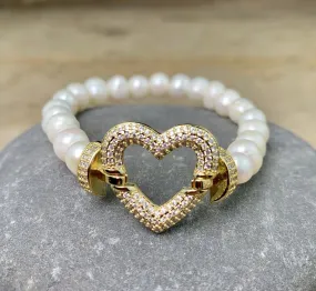 Petite Freshwater Baroque Pearl & Gold Heart Pave Gemstone Bracelet