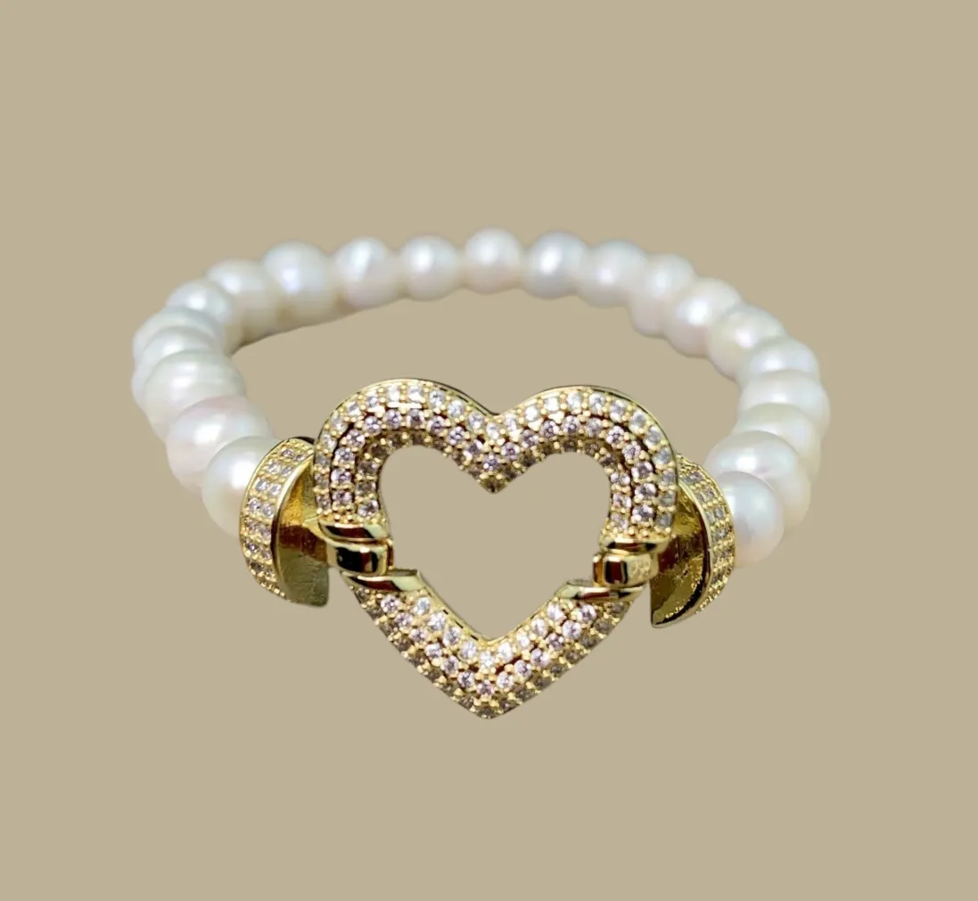 Petite Freshwater Baroque Pearl & Gold Heart Pave Gemstone Bracelet