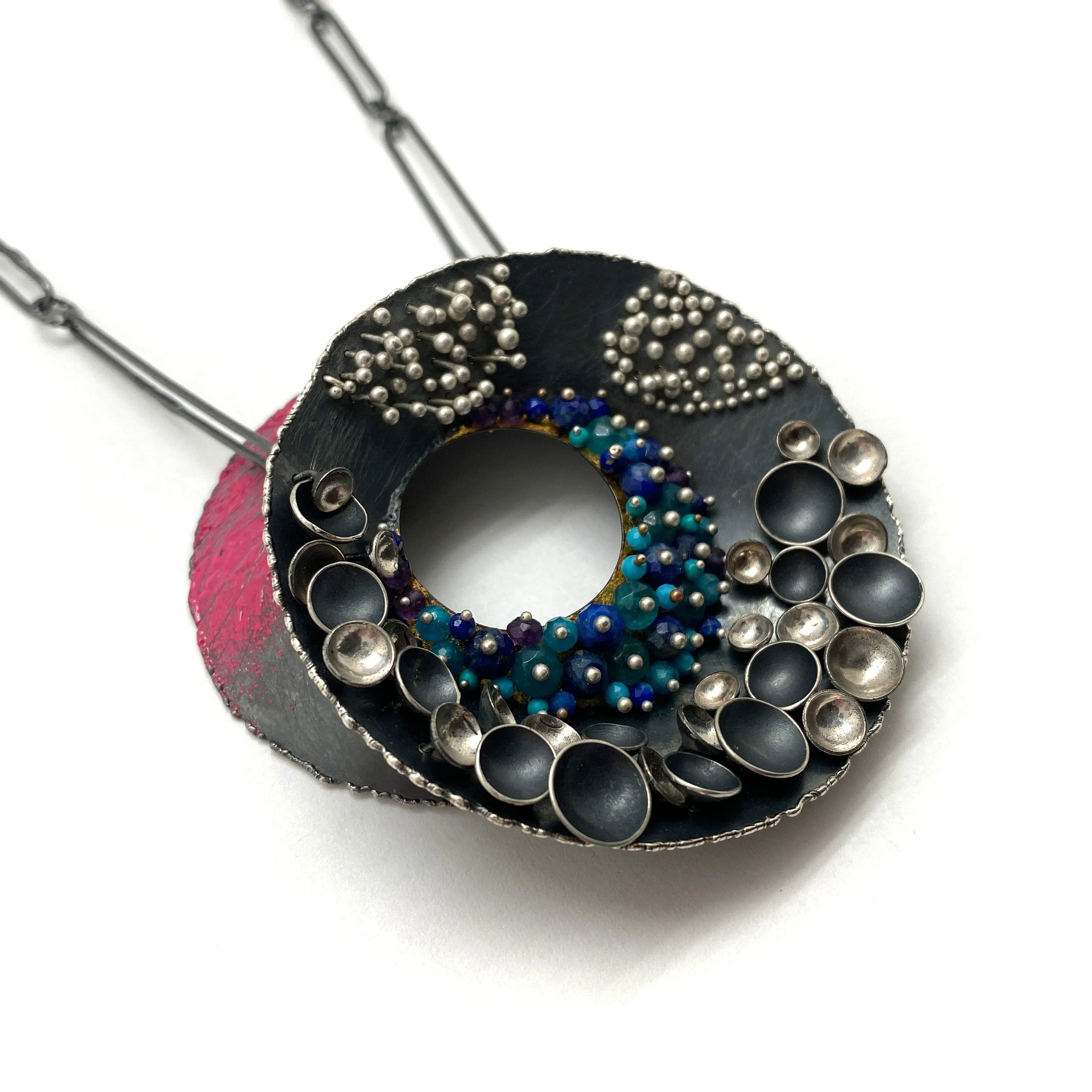 Pink and Blue Multi-Bead Silver Concave Necklace