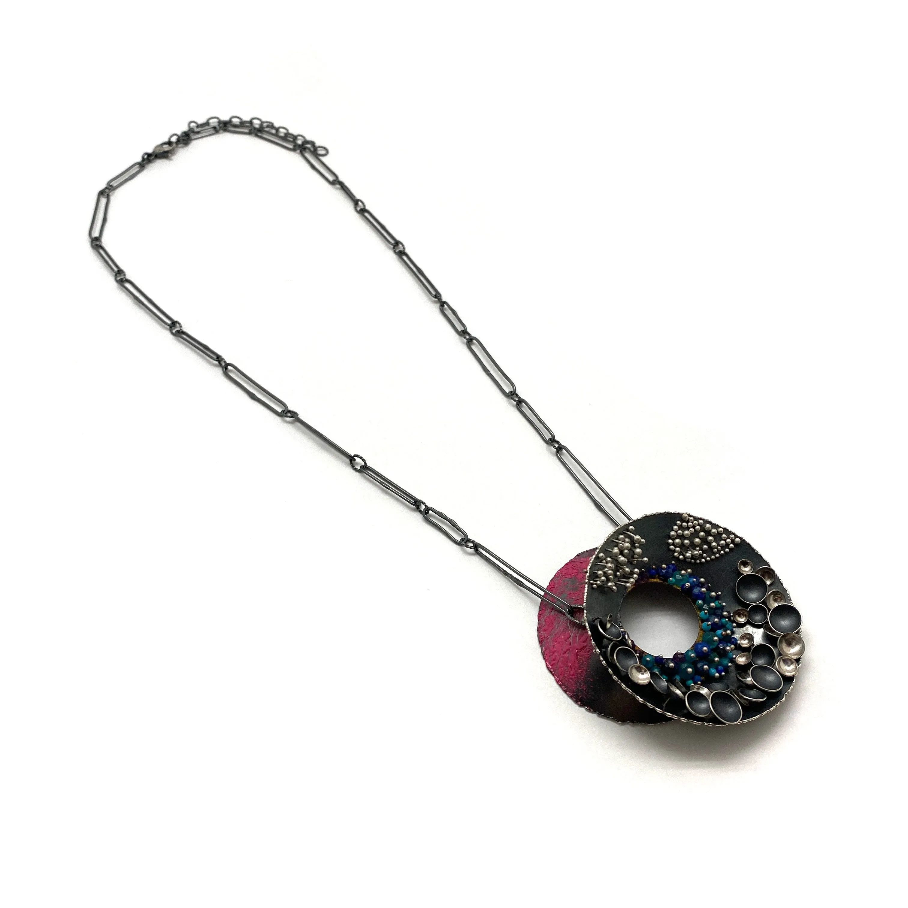 Pink and Blue Multi-Bead Silver Concave Necklace