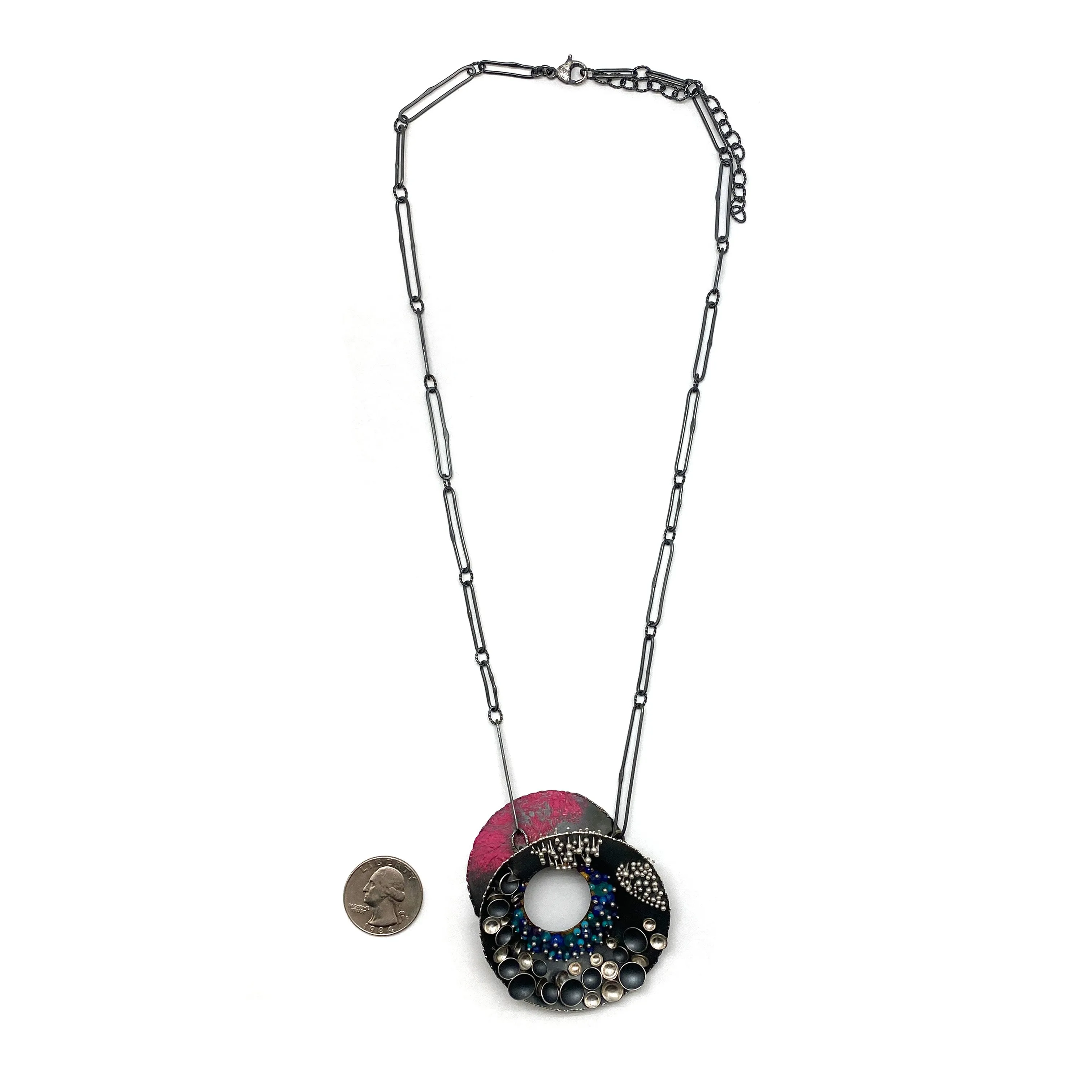 Pink and Blue Multi-Bead Silver Concave Necklace