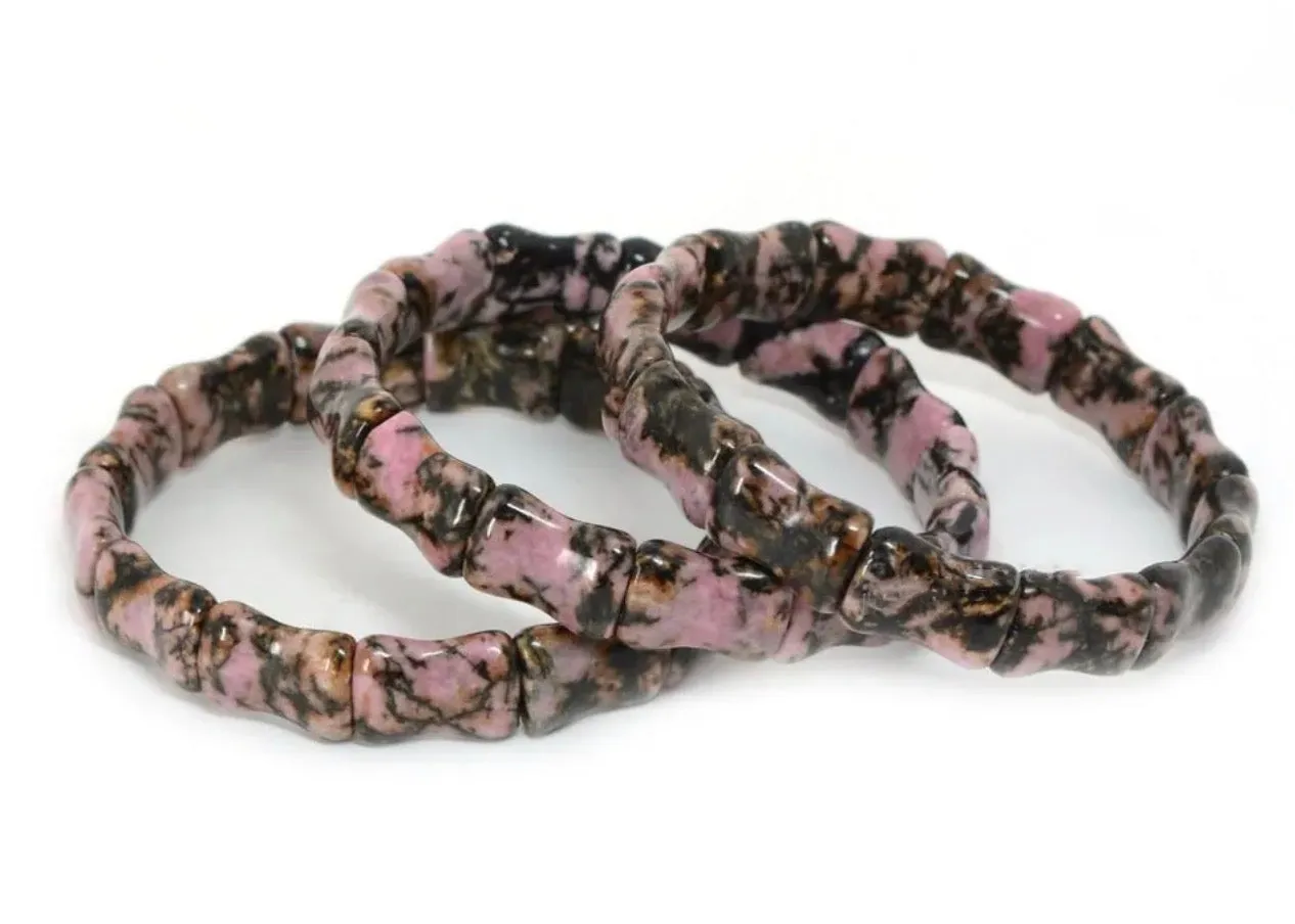 Pink Matrix Rhodonite Gemstone Bamboo Bangle Bracelet