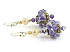 Purple Floral Lampwork Bead Earrings