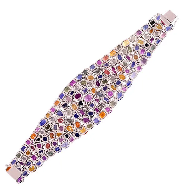 Rainbow Sapphire September Birthstone Pave Diamond Wedding Fixed & Flexible Bracelet In White Gold