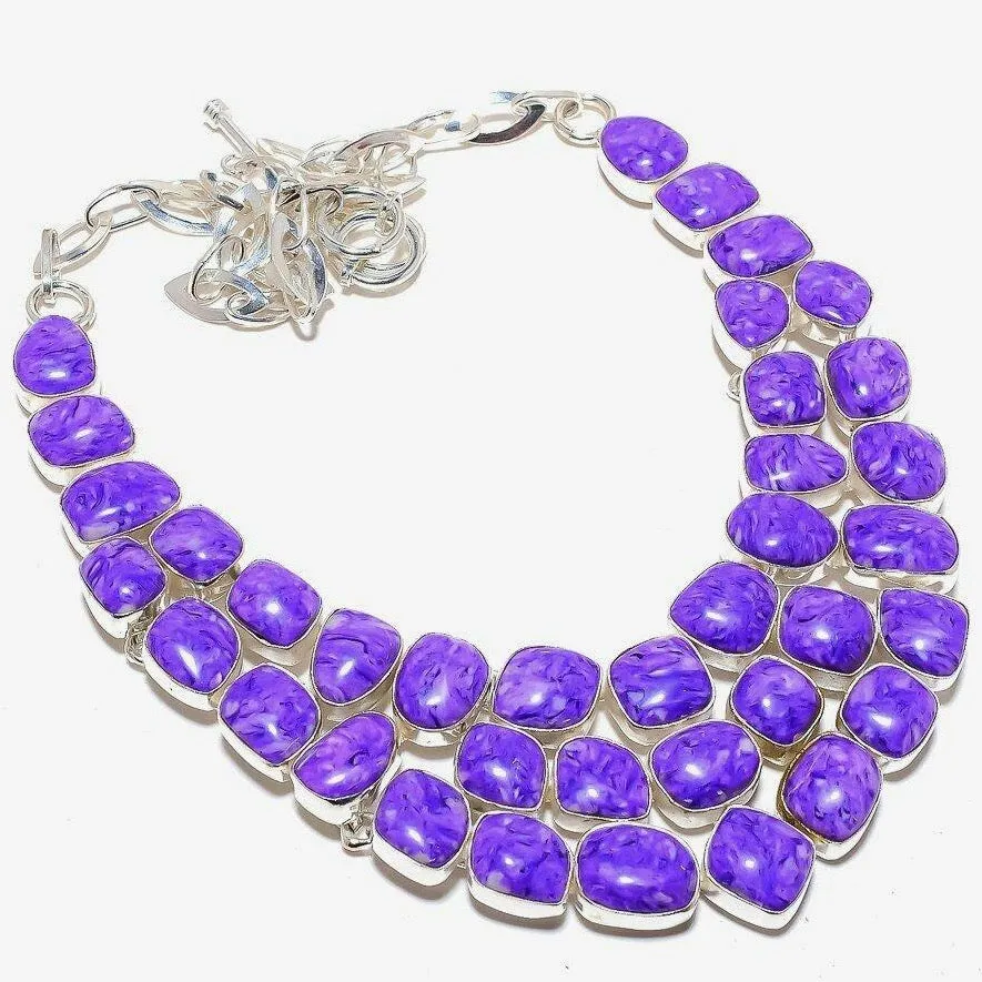 Rare Violet Purple Charoite Gemstones Silver Statement Necklace