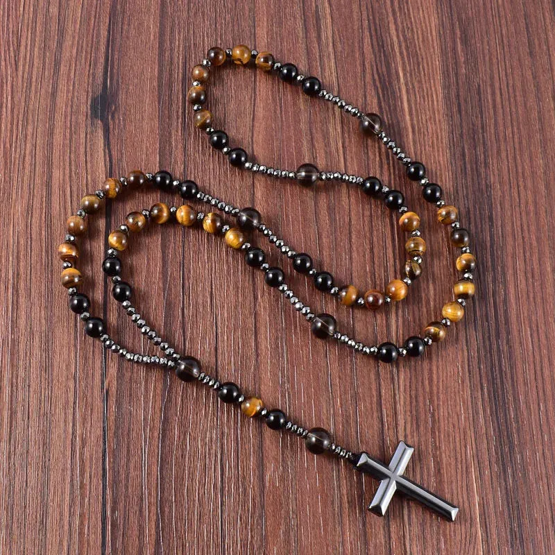 Religious Long Rosary Unisex Design Necklace : Natural Gemstone Beads (Tiger-Eye, Lapis Lazuli, Spectrolite) & Hematite Cross Pendant - Ideal Gift for Spiritual Enthusiasts